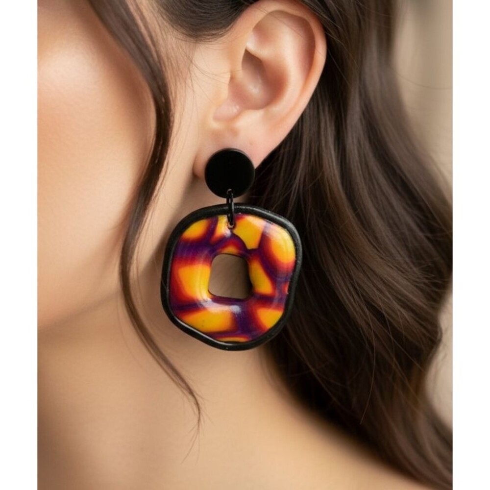 Handmade Yellow Purple Orange Graphic Polymer Clay Dangle Earrings Colorful